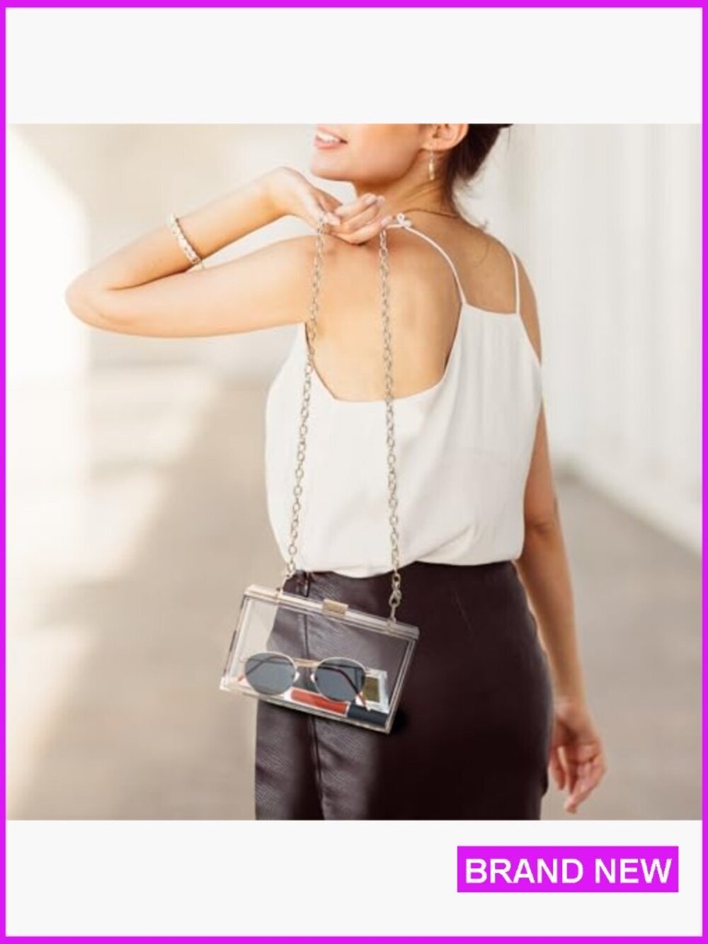 Clear Acrylic Crossbody Purse - Stadium Approved Box Clutch with Gold Chain - Picture 3 of 7